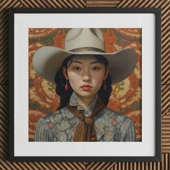 Zhi - Lesbian Chinese Cowgirl Art Print / Canvas White Cowboy Hat Brown Ribbon Red Earrings, Elegant Outlaw Reminding, Sapphic Asia Femme