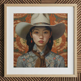Zhi - Lesbian Chinese Cowgirl Art Print / Canvas White Cowboy Hat Floral Pattern Brown Ribbon Wooden Lesbian Chinese Cowgirl, Elegant