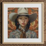 Zhi - Lesbian Chinese Cowgirl Art Print / Canvas White Cowboy Hat Floral Pattern Brown Ribbon Wooden, Elegant Outlaw Reminding, Sapphic