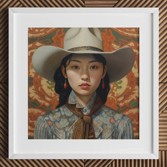 Zhi - Lesbian Chinese Cowgirl Art Print / Canvas White Cowboy Hat Floral Pattern Red Earrings, Elegant Outlaw Reminding, Sapphic Asia Femme
