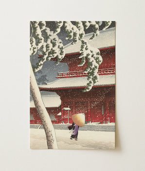 Snow-covered Red Temple Snow-laden Branches Overhead Zojoji, Needle Bent Beneath, Kawase Hasui’s Shiba, Captures, Complex, Vermilion