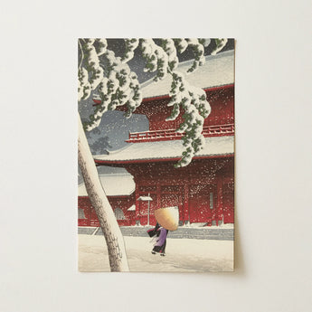 Snow-covered Red Temple Snow-laden Branches Overhead Zojoji, Needle Bent Beneath, Kawase Hasui’s Shiba, Captures, Complex, Vermilion