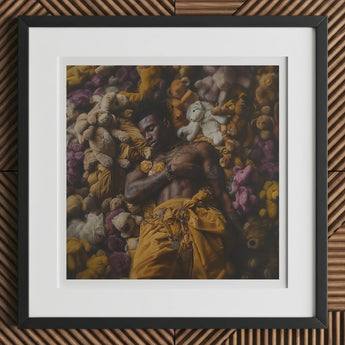 Zonked - Lowbrow Queer Black Punk Art Print / Canvas Framed Figure Surrounded Plush Toys Gay, Afroamerican Homoerotic, Visceral Plunge