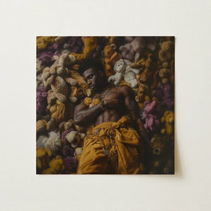 Zonked - Lowbrow Queer Black Punk Art Print / Canvas Square-framed Photograph Man Among Numerous Stuffed Animals Warm Gay, Afroamerican