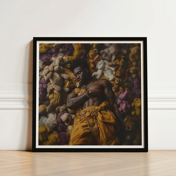 Black-framed Art Print Man Surrounded Colorful Stuffed Bears Black Gay Punk, Afroamerican Homoerotic, Visceral Plunge