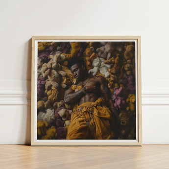 Square-framed Art Print Man Surrounded Colorful Stuffed Bears Black Gay Punk, Afroamerican Homoerotic, Visceral Plunge