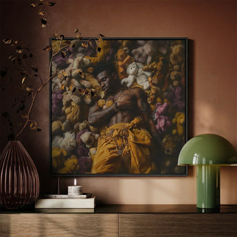 Zonked - Lowbrow Queer Black Punk Art Print / Canvas Framed Artwork Man Surrounded Colorful Stuffed Animals Rich Gay, Afroamerican