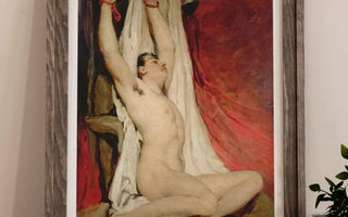 Framed painting of a nude man with bound wrists showcasing male nudes by william etty for history nerds