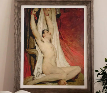 Framed painting of a nude man with bound wrists showcasing male nudes by william etty for history nerds