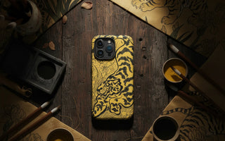 Yellow iphone case with tiger design shown from the back for eclectic art nerds and iphone cases fans