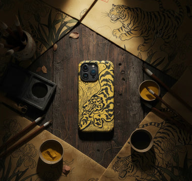 Yellow iphone case with tiger design shown from the back for eclectic art nerds and iphone cases fans