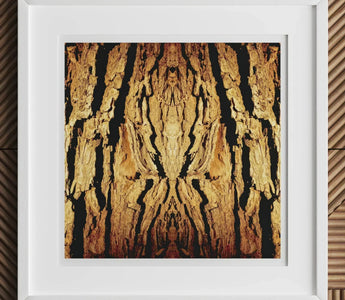 Framed abstract artwork featuring a trippy tree trunk bark pattern perfect for botanical op art enthusiasts
