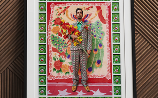 Portrait of a middle-aged man in a dark suit jacket highlighting maximalist art influences like liza lou and sanford biggers