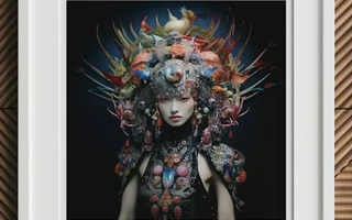 Elaborately adorned figure with intricate floral and bird headdress showcasing ai-generated art in neural network art style