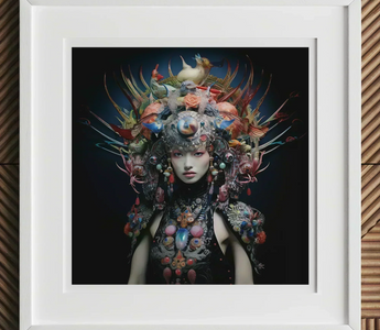 Elaborately adorned figure with intricate floral and bird headdress showcasing ai-generated art in neural network art style