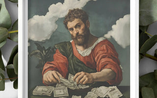 Framed painting of a man counting money illustrating artistic entrepreneur themes in an article on creative electricity