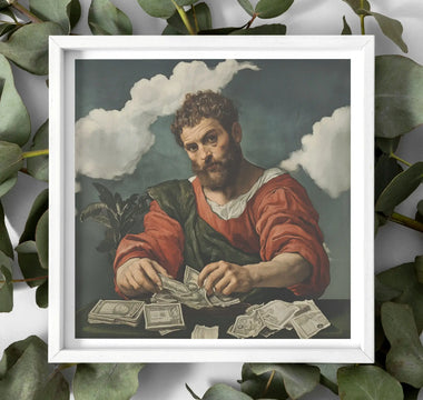 Framed painting of a man counting money illustrating artistic entrepreneur themes in an article on creative electricity