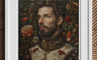 Portrait of a bearded man with ornate floral patterns and an intricately decorated collar in spanish baroque style