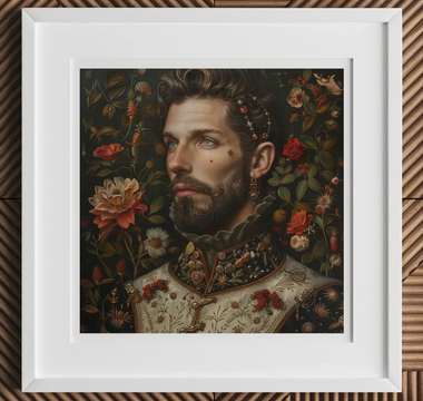 Portrait of a bearded man with ornate floral patterns and an intricately decorated collar in spanish baroque style