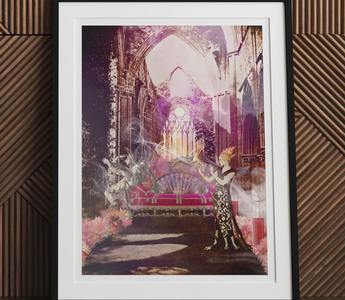 Ornate gothic-style throne with mythical creatures backrest in forsaken cathedral setting for enigmatic sorceress circe