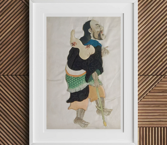 Stylized painting of a person in traditional east asian attire showcasing fabric collage art and textile collage techniques