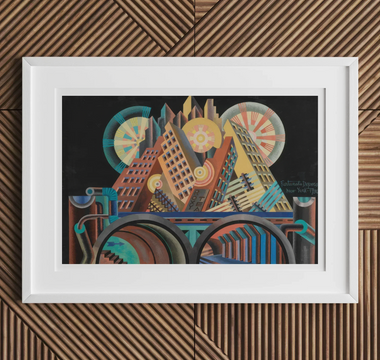 Framed art deco cityscape artwork in muted tones inspired by futurist sculpture and artists giacomo balla and umberto boccioni
