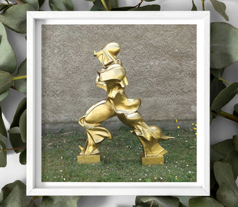 Golden abstract sculpture of a stylized human figure in motion representing retro futurism and futurism art by gino severini