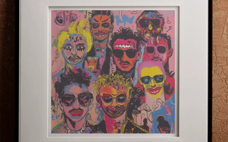 Two stylized pop art profiles in teal and yellow face each other on red background inspired by david hockney andy warhol