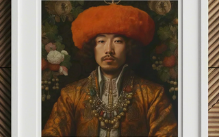 Portrait of a man wearing an ornate orange hat and golden robe with elaborate jewelry in gay royalty through the ages featuring piers gaveston