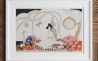 Framed art deco print by george barbier featuring ballets russes style for bonheur du jour decor in roaring twenties fashion