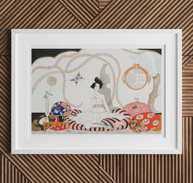 Framed art deco print by george barbier featuring ballets russes style for bonheur du jour decor in roaring twenties fashion