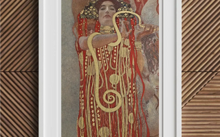 Portrait of a woman in a wide-brimmed black hat and elegant white dress with blue sash inspired by gustav klimt and adele bloch-bauer