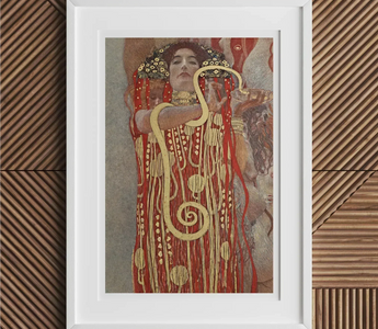 Portrait of a woman in a wide-brimmed black hat and elegant white dress with blue sash inspired by gustav klimt and adele bloch-bauer