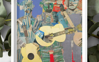 Abstract cubist-style painting of musicians playing guitars inspired by romare beardens collages and african american culture
