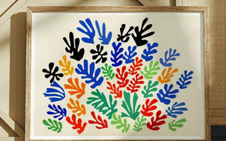 Colorful abstract leaf shapes and small fruit elements in henri matisse cutouts showcasing matisse’s collage style