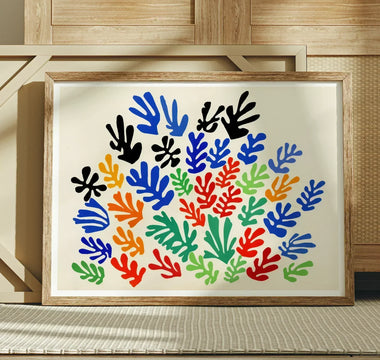 Colorful abstract leaf shapes and small fruit elements in henri matisse cutouts showcasing matisse’s collage style