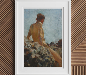 Framed nude male figure painting in august blue showcases henry scott tuke’s bathing group in edwardian sunlight painting