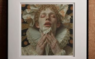 Person with curly hair wearing an ornate elizabethan ruff collar referencing oscar wilde and hanky code in art history