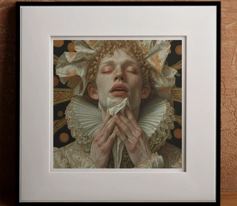 Person with curly hair wearing an ornate elizabethan ruff collar referencing oscar wilde and hanky code in art history