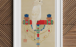White cockatoo perched on colorful ornate stand showcasing ito jakuchu’s rinpa school colorful realm art