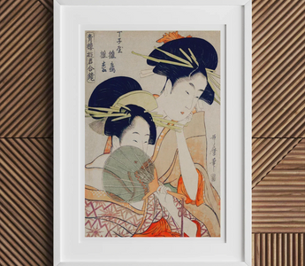 Japanese woodblock print of a geisha holding a fan by kitagawa utamaro from his ukiyo-e printmaking ten studies series