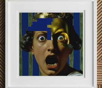 Framed surrealist art in van gogh style with abstract colorful elements depicting a tortured artist for cultural history use