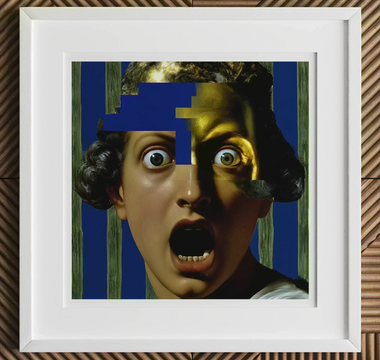 Framed surrealist art in van gogh style with abstract colorful elements depicting a tortured artist for cultural history use