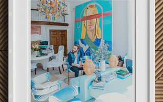 Colorful abstract portrait painting of a blonde person on blue background perfect for eclectic home decor and statement pieces