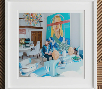 Colorful abstract portrait painting of a blonde person on blue background perfect for eclectic home decor and statement pieces