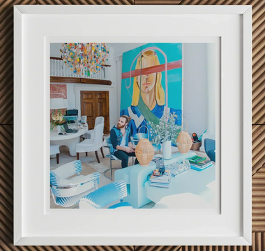 Colorful abstract portrait painting of a blonde person on blue background perfect for eclectic home decor and statement pieces