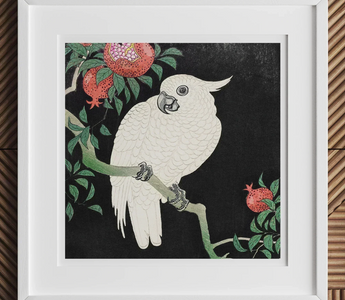 White cockatoo perched on a branch with pomegranate fruits inspired by ohara koson shin-hanga japanese woodblock style