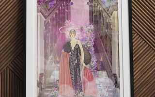 Stylized illustration of a 1920s flapper woman in an elegant evening gown inspired by the greek titan theme princess rhea