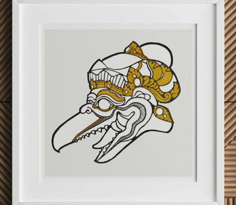 Stylized mask with long beak and ornate golden details inspired by reijer stolk and haarlem school anatomical studies.