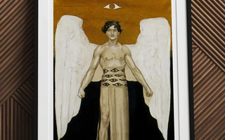 Framed angel artwork featuring white feathered wing symbolizing muscle and myth in schwules museum and obelisk art history context